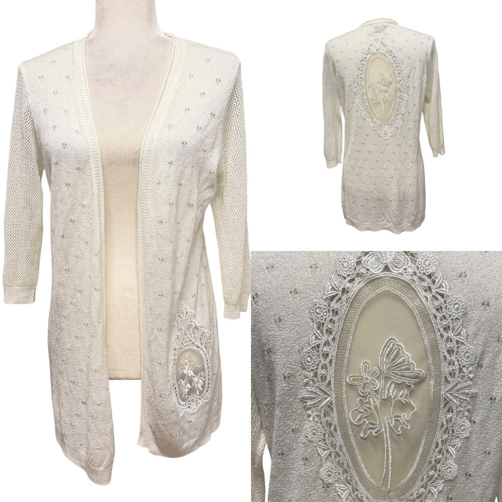 Womens M Tunic Cardigan White Open Front Pointelle Lace Inset Cottagecore Boho